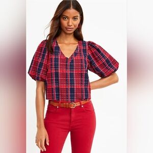 5/$25 Loft Plaid Balloon Sleeve V-Neck Top